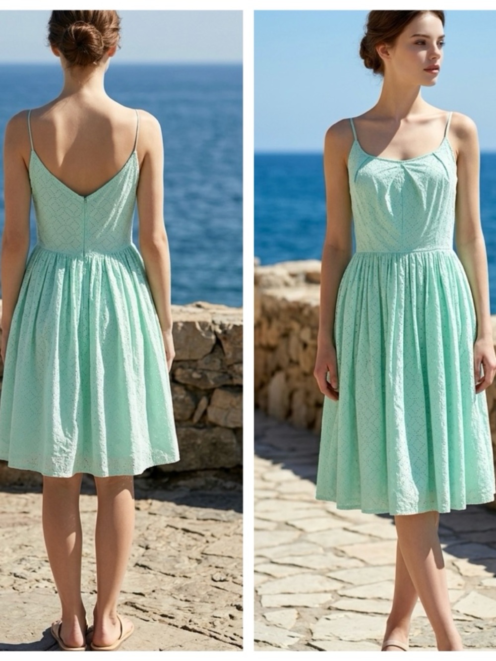 J. Crew Women Sz 6 Fit Flare spaghetti strap Mint Green Cotton Eyelet Midi Dress